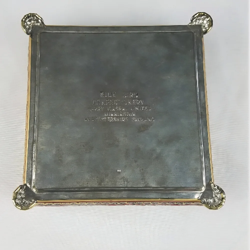 Vtg Blue Bird Confectionery velvet embossed rose litho tin box England, romantic